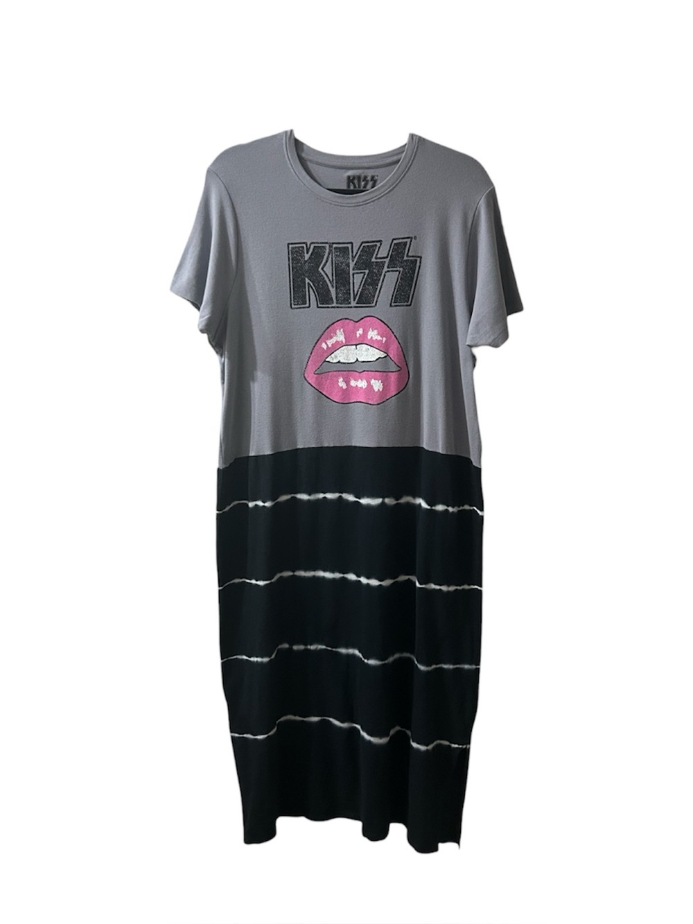 One of a Kind Upcycled Kiss  Gray & Pink Lip Graphic Stripe Maxi Dress